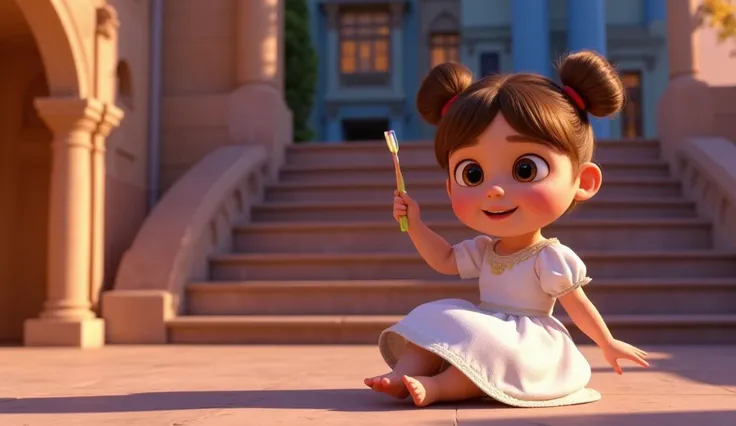 The style is 3D Pixar animation with a Vibrant color palette, in 3 D animation image of a cute and adorable with her hair into two buns on top and bangs, wearing a white princess dress, sitting on the palace stairs, holding a toothbrush, in the courtyard o...