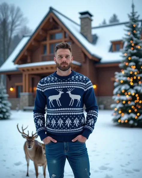 Ultra-wide shot from a distance: A handsome, muscular 30-year-old man stands proudly outside a majestic wooden house on a snow-covered field. His quaff hairstyle and trimmed beard complement his athletic physique. He wears an ugly Christmas sweater in blue...