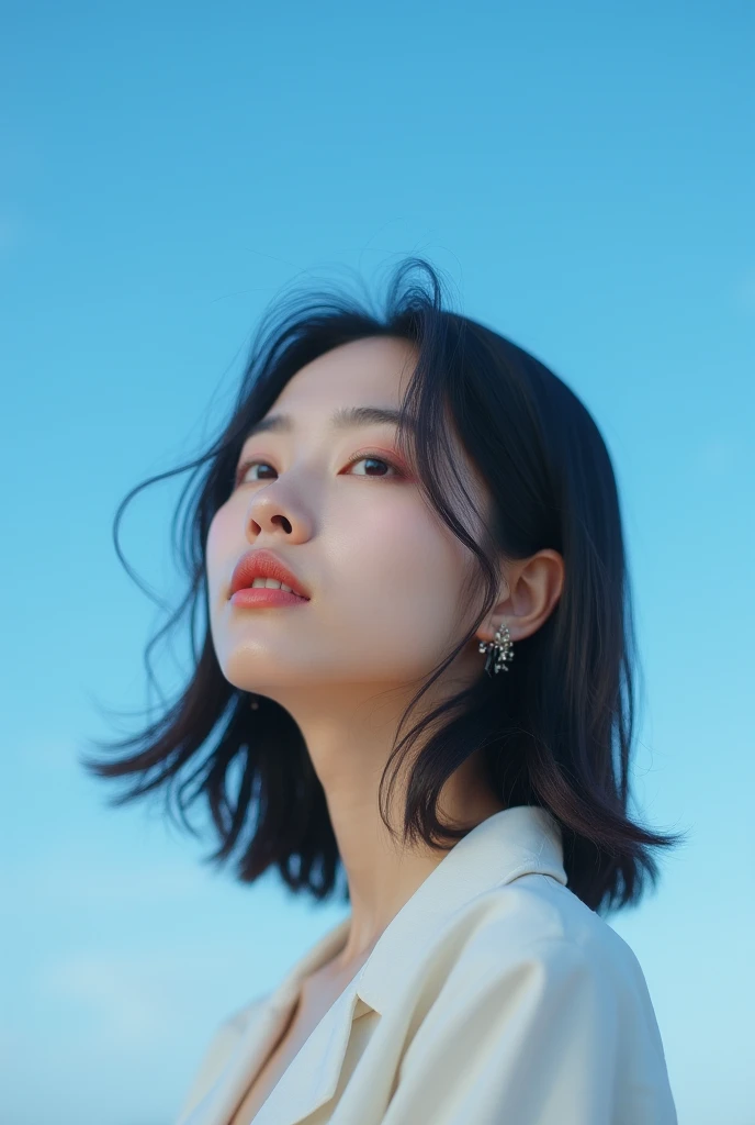  under the blue sky　The shape of the face is egg-shaped　 asian beauty with medium dark hair。さりげなく少し上を見ている。 shooting from an oblique angle casually looking slightly above
Upper body photo　Hi-Vision 8k 