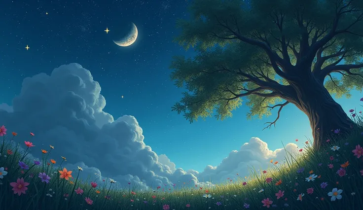 lua, stars: a magical combination, Tree swaying in the wind. Grass and flowers 
