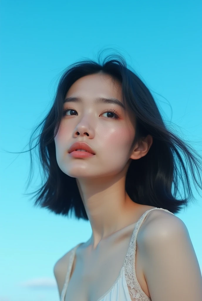  under the blue sky　The shape of the face is egg-shaped　 asian beauty with medium dark hair。さりげなく少し上を見ている。 shooting from an oblique angle casually looking slightly above
Upper body photo　Hi-Vision 8k 