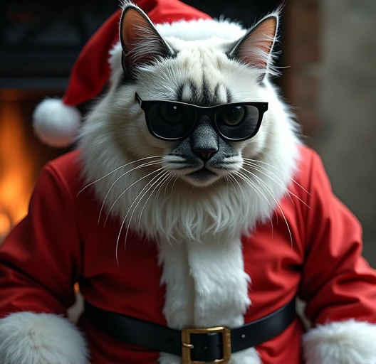 A musky macho white cat wearing sunglasses dressed as Santa has its face completely black with soot under the chimney