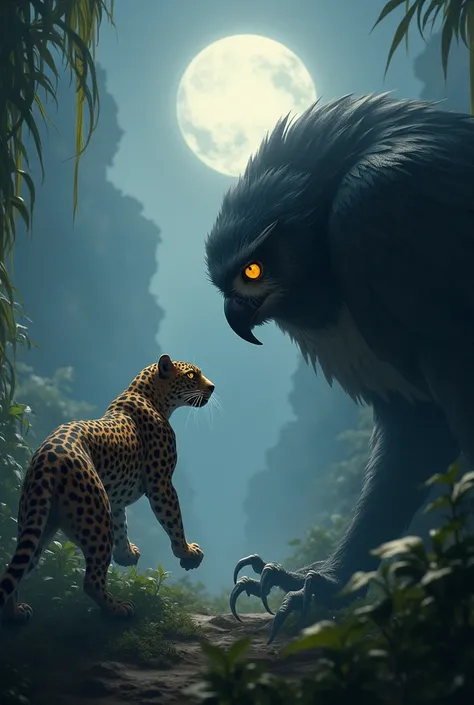 A sleek leopard perched on a rock faces a massive, shadowy owl, their eyes glowing as they prepare to clash in a misty, moonlit jungle.