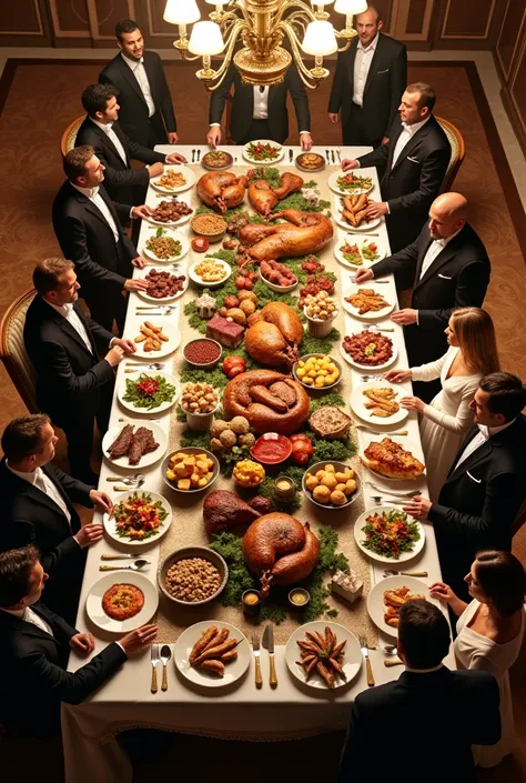 birds eye view of food table with men and women