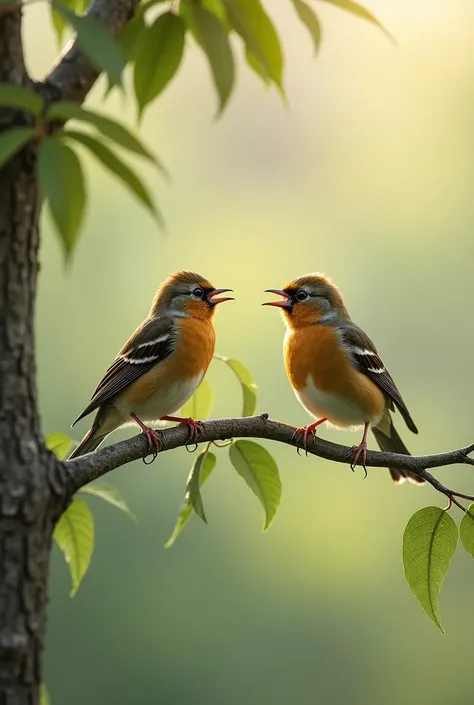 In the calm morning, two birds perched on the branches of a tree, chirping merrily to greet the world. Their song seemed like a melody of nature, breaking the morning silence and bringing a peaceful atmosphere to anyone who heard it. The tree gently swayed...