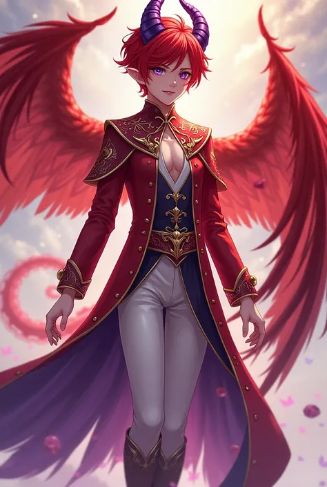 １young people,Red short hair, purple eyes, dragon horn,Skinny body type,Short pointy ears , prince in a court costume with a red phoenix,inflammation, white shiny pants , cloth long boots ,Ruby, amethyst