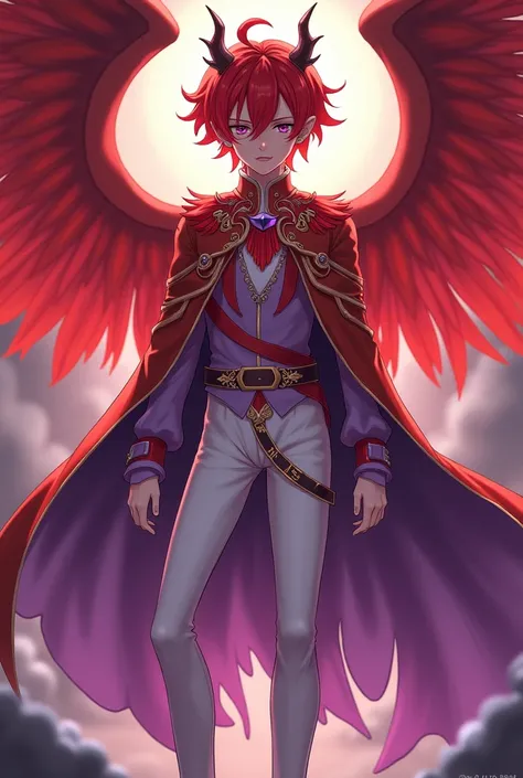 １young people,Red short hair, purple eyes, dragon horn,Skinny body type,Short pointy ears , prince in a court costume with a red phoenix,inflammation, white shiny pants , cloth long boots ,Ruby, amethyst