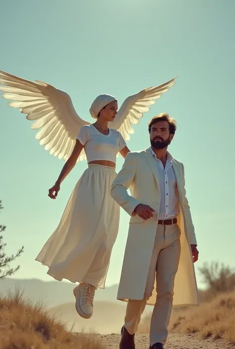 a tall winged woman wearing a headscarf and wearing a white t-shirt and a long white skirt and long boots and a fancy white long coat who was in flight leaving a man in a buttoned white shirt who was grieving