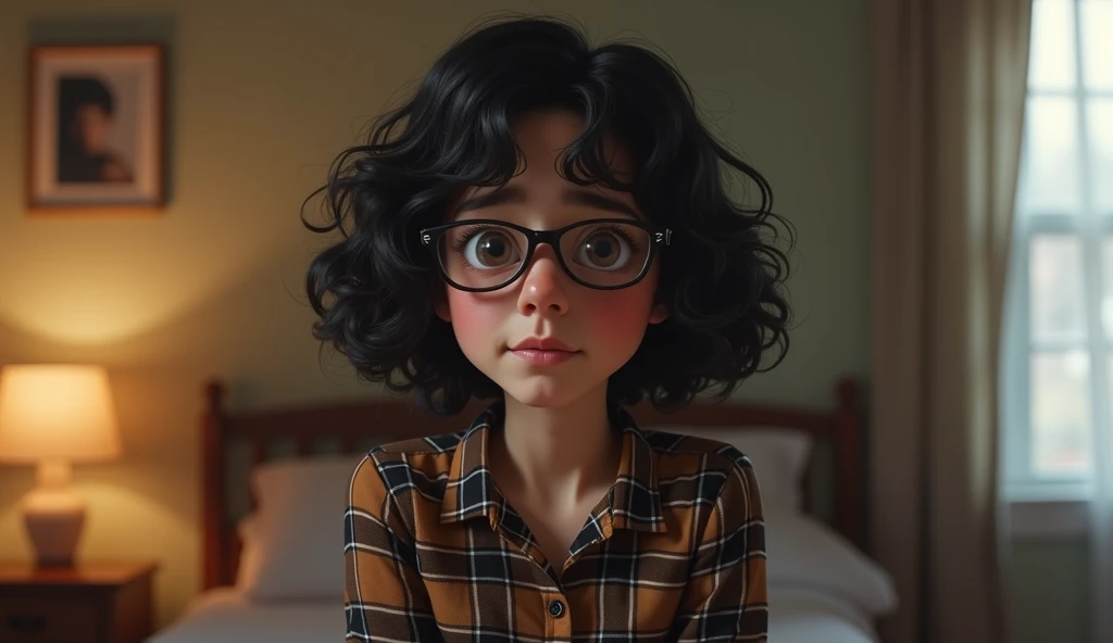  Create a realistic photo of a character . Photo style: hyper-realistic. character name: Phoebe Spengler.  Character Description : 21 years old, Nerd face ,  wearing glasses and black hair , curly and short. Clothing:  Striped button shirt with long sleeve...