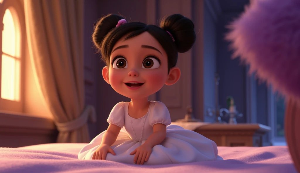 The style is 3D Pixar animation with a Vibrant color palette, in 3 D animation image of a cute and adorable with her hair into two buns on top and bangs, wearing a white princess dress, sitting on her bed in an old European palace room, the light source of...