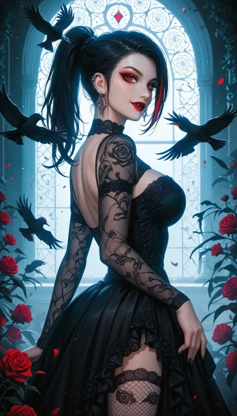 （dark atmosphere，gothic fashion，bright colors），（best quality，Super exquisite，），Sexy goth Vampire girl，In the rose garden at night，Beautiful and delicate eyes，Straight black ponytail with blue tips，Crow feathers，red lipstick，mysterious smile，Pale complexion...