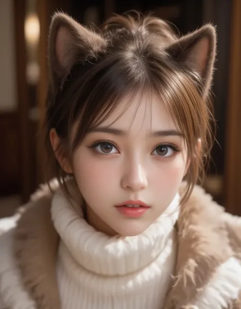  cat ears、 Face up、((( Sleep in bed )))、 thick white turtleneck coat  、 cute beige round skirt 、  attractive,     beautiful, ponytail、  ((    fine facial features   , eroticism)),    dramatic lighting     ,  realistic , 8k,      dramatic shadows   ,     In...