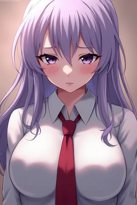 masterpiece, best quality, 1girl, solo, mature, reisen inaba, light-purple hair, long hair, white shirt, red necktie, large breasts, confused, close up, empty look