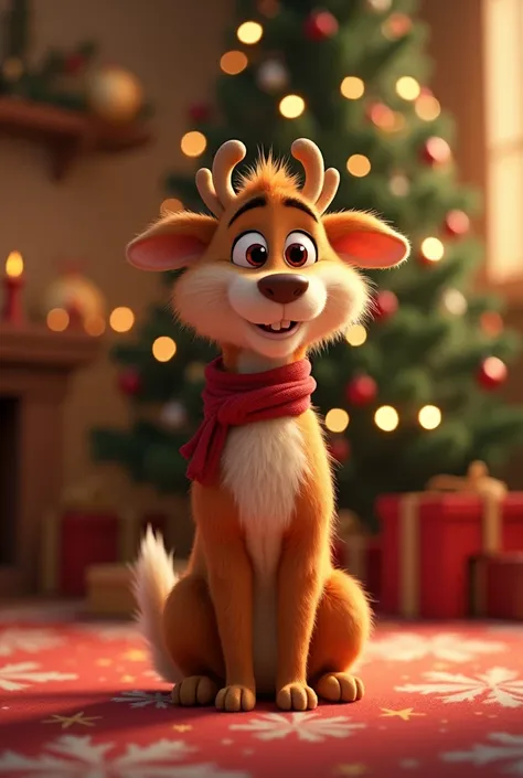  Create a Pixar-style character based on the provided image .  The pose should show it from the waist up  (MEDIUM SHOT),  highlighting his warm and friendly personality .  Place it in a cheerful and cozy Christmas environment ,  with soft and warm lighting...