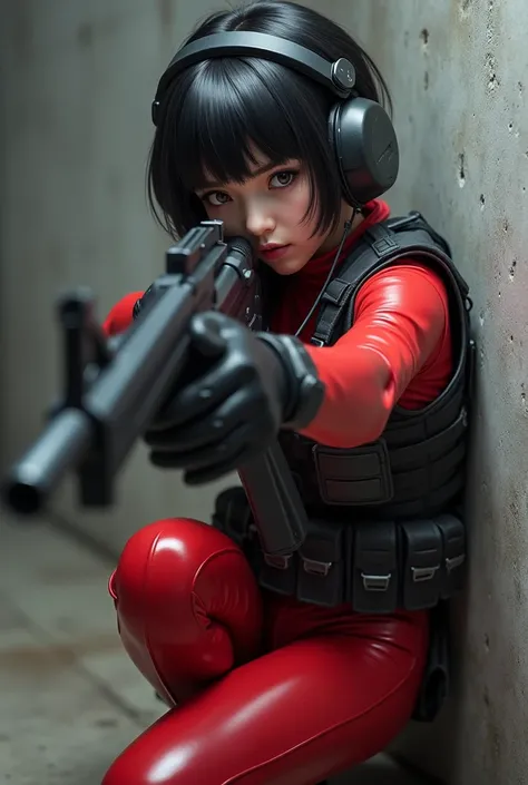 ((Best Quality, 8K, Masterpiece: 1.3)), ((best quality)), photorealistic, photorealism, 1girl aiming with an ak-47 assault rifle, Combat pose, Photorealistic, high resolution, looking to the camera, (Detailed face), short black hair, red rubber suit, tacti...