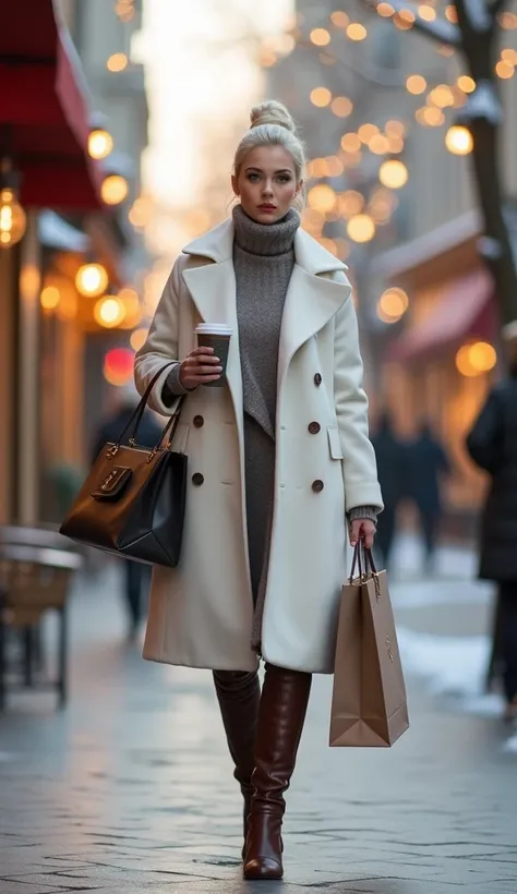 A fashionable Russian woman with porcelain-clear skin and platinum-blonde hair styled in a sleek bun. She stands in an upscale outdoor shopping district adorned with festive holiday lights. She is captured mid-step, holding luxury shopping bags in one hand...