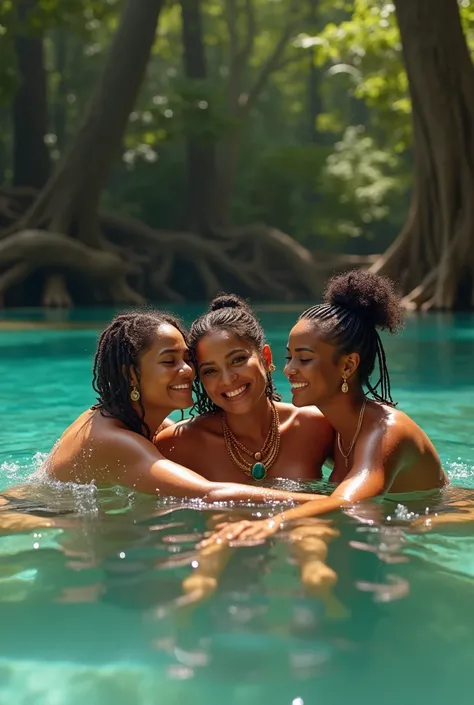 Brazilian womens group bath in crystal clear waters lake