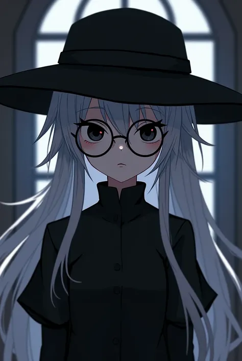 An anime girl with messy white hair wearing a black hat with black eyes and wearing a black dress AND with round lenses