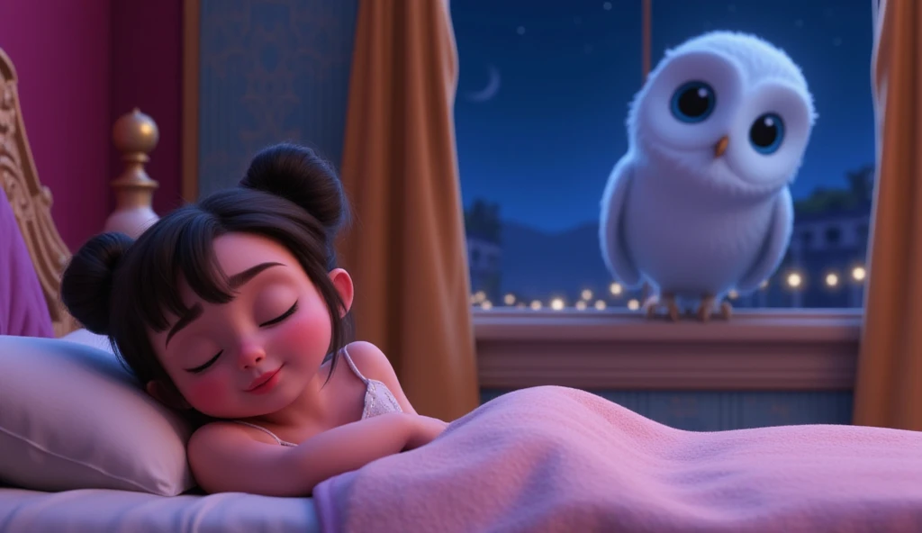 The style is 3D Pixar animation with a Vibrant color palette, in 3 D animation image of a cute and adorable with her hair into two buns on top and bangs, wearing a white princess dress, sleeping on her bed in an old European palace room, a white owl is see...