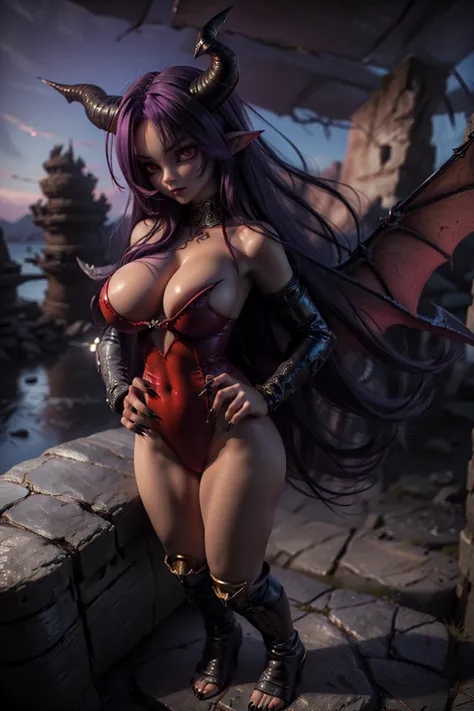 ( masterpiece,  high quality , High Definition), 1demon girl,  beautiful  and extremely sexy, ( perfect body), (defined thighs ), ( pointed ears ), (Horns), (Red Eyes), ( purple hair ), (  beautiful ,  bright eyes), (Hair thrown forward ,  long hair), ((hu...