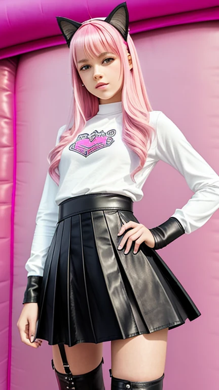  teenager with pink hair,  slim model , Leather top , pleated leather skirt, leather arm warmer  ,  knee-high leather boots, Cat ears, bouncy castle 