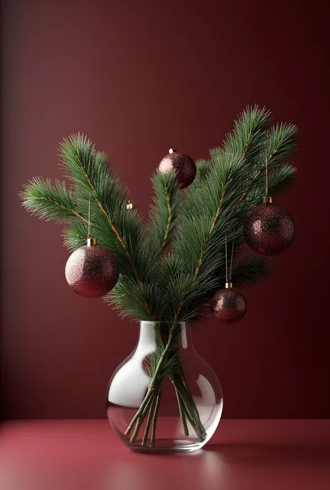 On a dark wine background in a transparent vase, several pine branches with transparent Christmas balls on the branches