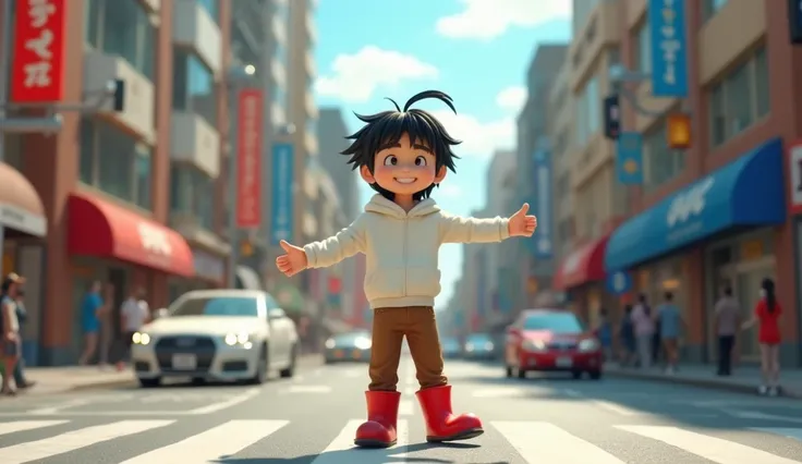 The 23-year-old black-haired Japanese boy with bangs,  in white hoodies and brown pants , red boots, and happy, You are crossing the street , And a car almost hits you ,  and a lot of people are looking with their mouths open and amazed. 3D STYLE DISNEY 