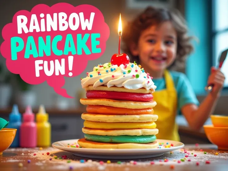 "Create a bright and colorful YouTube thumbnail in 16:9 aspect ratio for a s cooking video titled Rainbow Flapjack Stack Challenge! Showcase a tall, glowing stack of rainbow-colored pancakes topped with whipped cream, sprinkles, and a cherry. Place a joyfu...