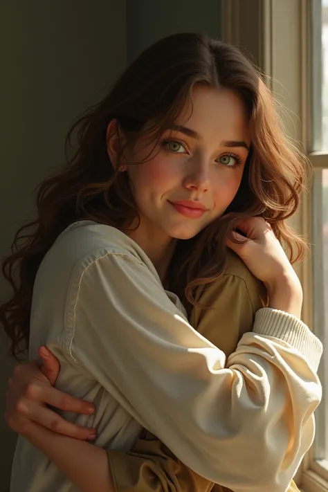 Oscar Isaak is a young woman with brown hair and green eyes, hugged