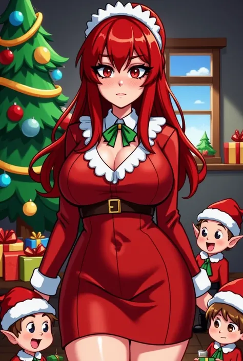 Beautiful girl, light brown skin, red hair, voluptuous, with large, round breasts, wide and turgid hips, short waist, dressed in a mini skirt suit like Mrs. Claus, surrounded by funny little elves in a Christmas atmosphere, with a very decorated tree, and ...