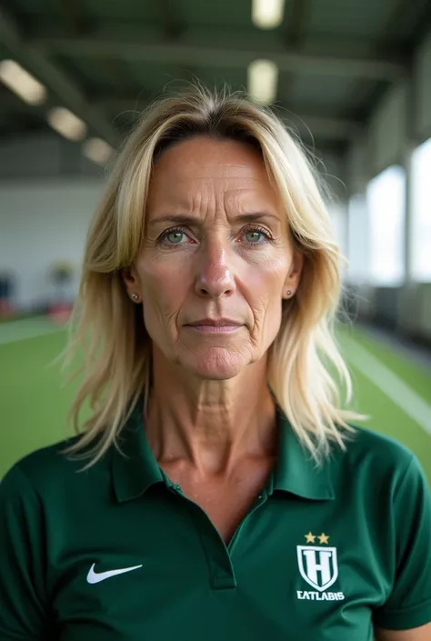 Create a very real image of a 56-year-old green-eyed blonde in a soccer studio, a less approximate photo