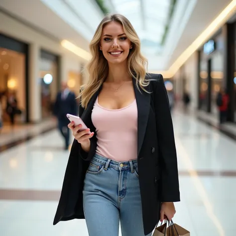 A female influencer , blonde,  wandering inside an elegant mall in Oman ,  wearing a light pink tank top , a black jacket, and washed blue jeans .  She is walking with confidence ,  with a relaxed and chic vibe ,  holding a shopping bag in one hand and the...