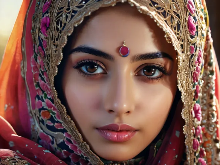 1 girl, muslim, detailed portrait, beautiful detailed eyes, long eyelashes, beautiful detailed lips, hijab, traditional muslim dress, intricate floral patterns, ornate jewelry, serene expression, warm lighting, dramatic shadows, cinematic composition, pain...