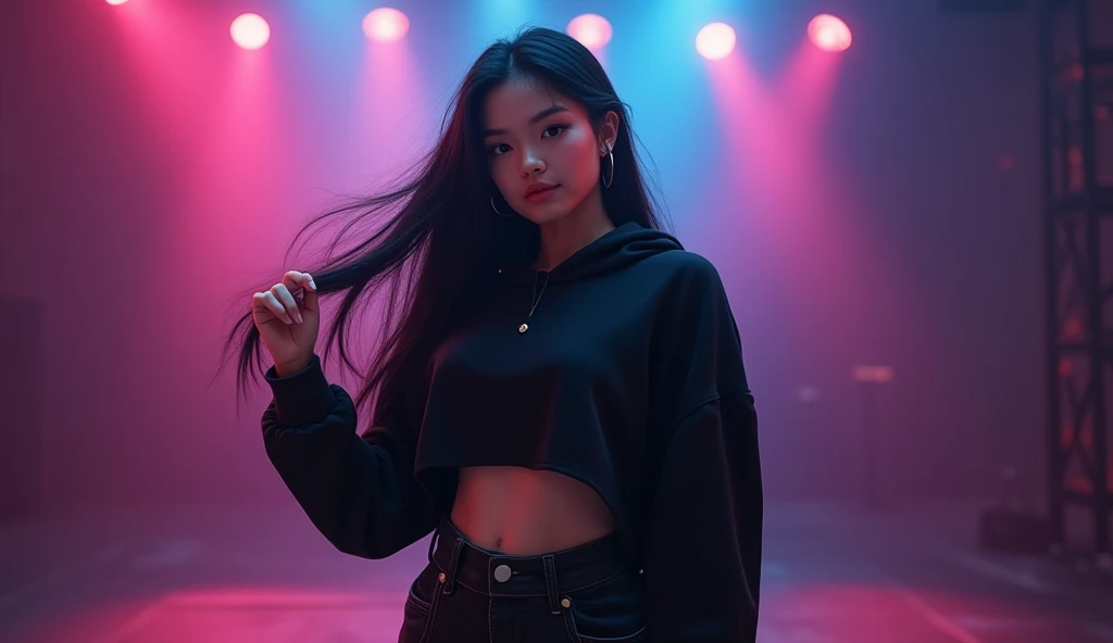 An Asian girl as an underground idol, wearing a black crop top and black hoodie with subtle fabric wrinkles and texture details. Her long black hair flows naturally with the dance movement, showing realistic hair physics. Standing at the center of the stag...