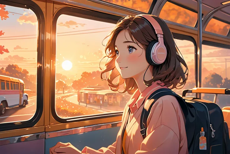 A dreamy illustration of a cozy, sunset-lit bus interior filled with warm orange and pink hues. A shy middle school boy, sitting by the window with headphones on, glances nervously at a cheerful girl who just stepped onto the bus. The boy’s cheeks are slig...