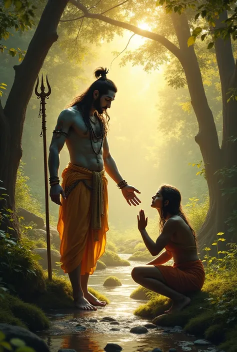 A compassionate depiction of Lord Shiva helping his devotee in a serene forest setting. Lord Shiva, adorned with his matted hair, crescent moon, and sacred ash, extends his hand to bless a kneeling devotee. His trident stands firmly in the ground nearby, w...