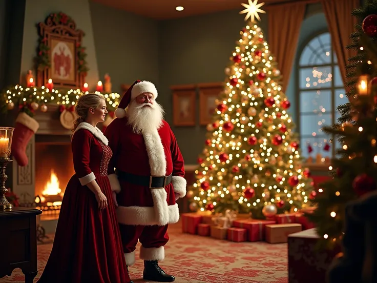 A Christmas photo with a Christmas tree and with Santa Claus and Mother Claus
