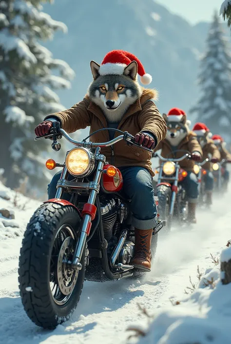 Herd of motorized wolves on chopper bikes with Christmas hats