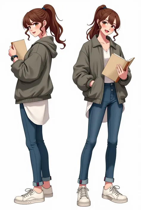 1girl, energetic_expression, casual_clothing, jeans, sneakers, ponytail, brown_hair, warm_smile, multiple_views, white_background, thoughtful_look, expressive_eyes, holding_book, casual_jacket, reference_sheet, full_body, medium_hair, white_sneakers, relax...