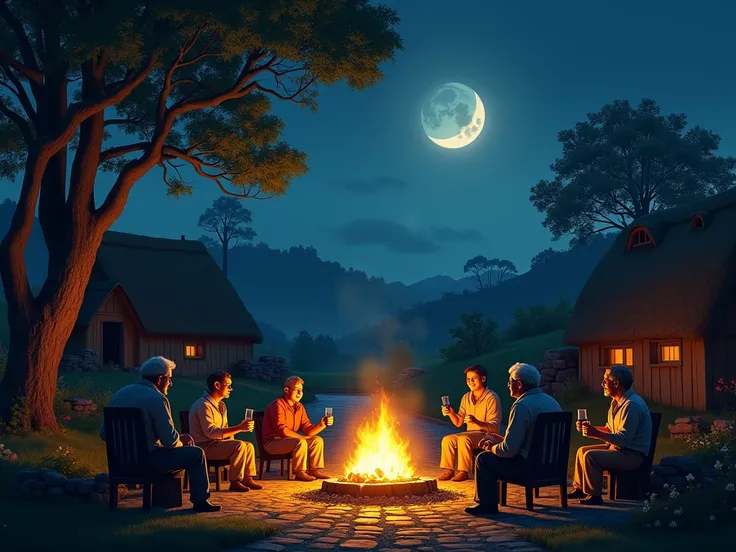 a moonlet night in a village with campfire , people are enjoing drinks 