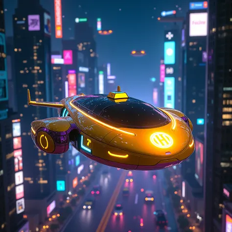 "Design a futuristic flying space taxi cruising through a vibrant cyberpunk-inspired metropolitan skyline at midnight. The taxi features a sleek, aerodynamic design with a glowing golden-yellow exterior, enhanced by neon blue and purple accents along its e...