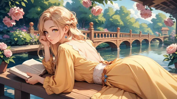 rating_safe, score_9, score_8_up, score_7_up, source_anime, masterpiece, best quality, solo, 1girl, wondering face (she is wearing pastel yellow dress ) ( (lying on her stomach peacefully on wooden bridge reading the book with a beautiful garden, look back...