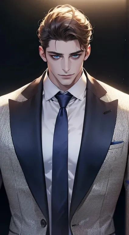 (best quality,4k,8k,highres,masterpiece:1.2),ultra-detailed,(realistic,photorealistic,photo-realistic:1.37),1 man,31 years old,mature man,very handsome,without expression,smile,short dark-blon hair,blue eyes,penetrating gaze,perfect face without errors,imp...