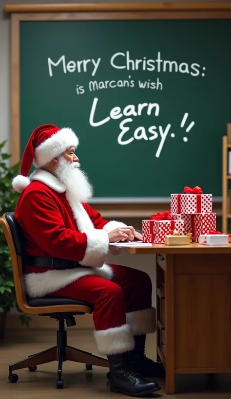  Create an image of Santa Claus being a teacher with a table full of presents sitting on the chair of that table and next to it the written white board: "Merry Christmas is Marcons wish Learn Easy " written in Portuguese and with this image coming straight...