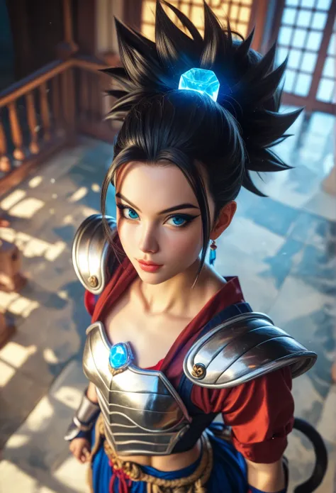 1 female, Beautiful saiyan princess, photoreaistic, young, fair skin, long black hair, blue eyes, monkey tail, black eyeliner, fit. (((Wearing for fitting armor))) Japanese castle background. Wearing glowing pendant. high angle view.