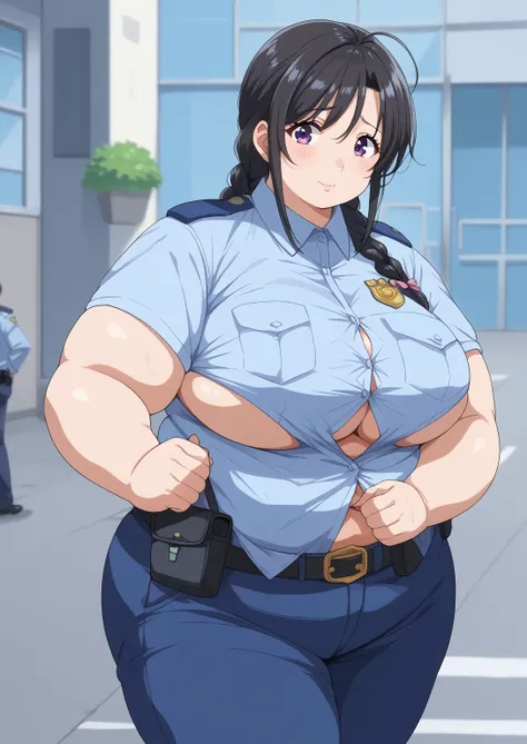 Miyuki Kobayakawa, Miyuki Kobayakawa, Police Officer,  Blue Police Uniform , Short sleeve, shirt,
Black Hair,  braids,  braided , long hair, purple eyes, ssbbw, chubby,milf, score_9,   score_8_ up,   score_7_ up,   score_6_ up,   score_5_ up,   score_4_ up...