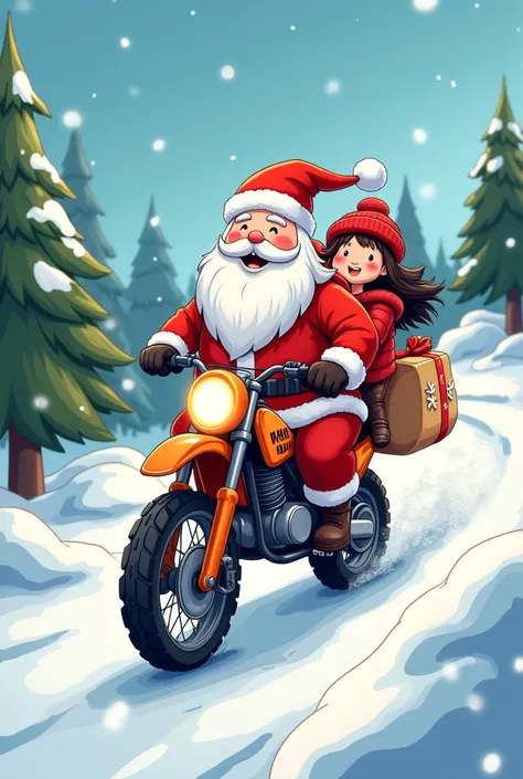 Cartoon Santa wearing motorcycle YZ Trail brings hadia on Christmas day full of merriment 