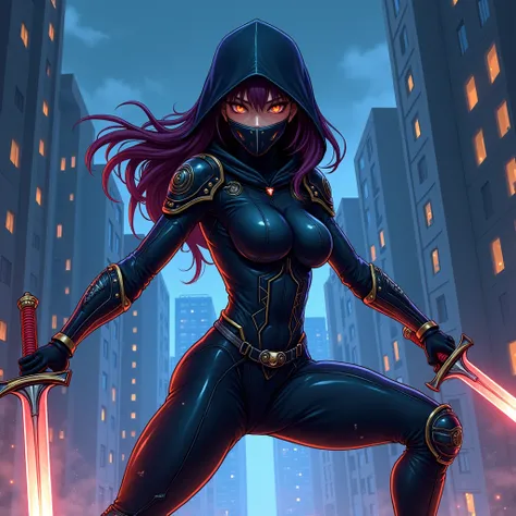 adult anime sexy girl wearing sexy black armour with hoodie cloak and wearing mask holding 2 swords too action Fighting pose
Background night buildings 
Cartoon simple color art