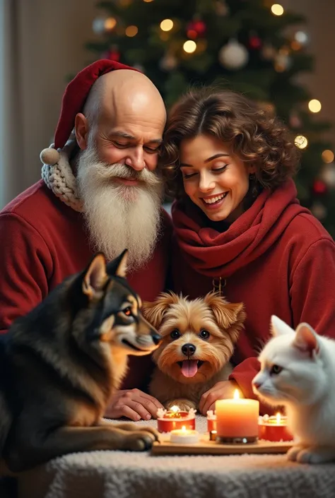  Creates an image of a reunited family :  a white bald man with a beard ,  a young brown woman with frizzy hair,  a chitzu dog .  A brown wolf  , a black cat.  A white cat and a brown cat  ,  all celebrating Christmas 