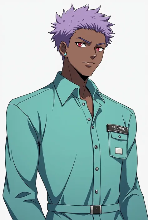 A pretty tall guy, . He has dark skin and red eyes. light purple hair. He is dressed in a light turquoise doctors jumpsuit. the nails are painted black. Even though hes tall, hes kind. anime style Danganronpa